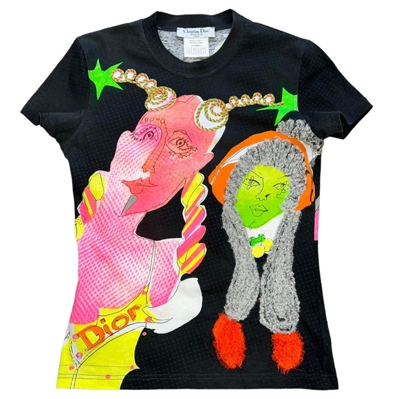 M VTG AUTH Christian Dior Neon Runway Dolls Graphic Tee TShirt Top - Picture 1 of 16